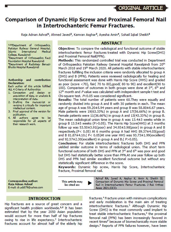 Comparison of Dynamic Hip Screw and Proximal Femoral Nail in  Intertrochanteric Femur Fractures. | Journal of Pakistan Orthopaedic  Association
